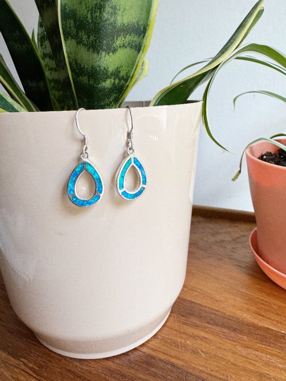 Sterling Silver Iridescent Opal Teardrop Dangle Earrings